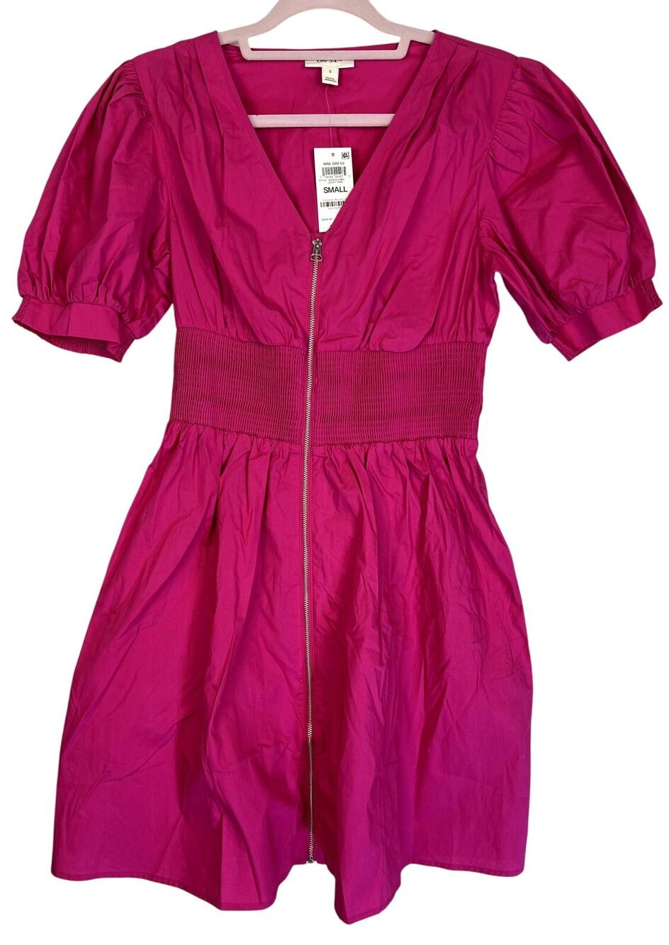 NWT On 34th Pink Cute Fun Puff Sleeves Smocked Waist Fit & Flare Mini Dress S